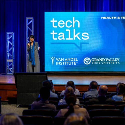 President Philomena V. Mantella speaks as part of "Tech Talks: Health & Technology" at the DeVos Center's Loosemore Auditorium in Grand Rapids on September 16.